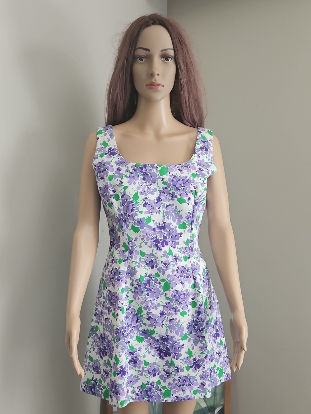 Jill Stuart Purple Lavender Floral Dress Sleeveless Skater A Line Square Neck